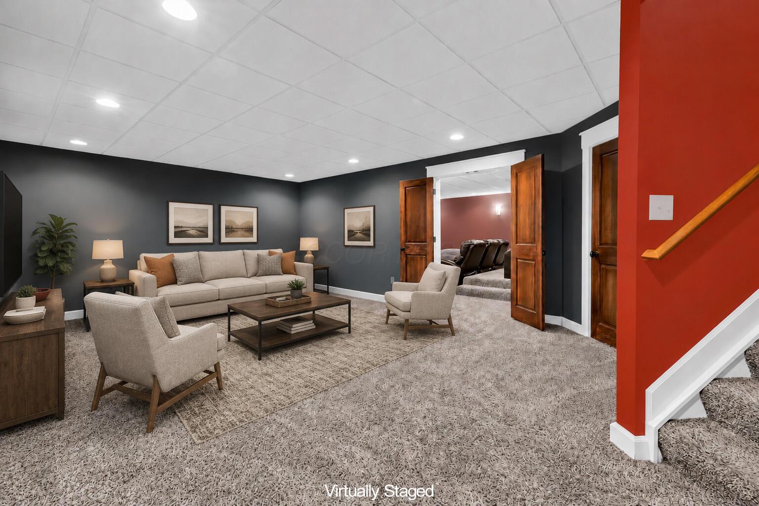 16689 Bailor Road Laurelville, OH 43135 - Photo 40 of 73 • Light sand carpet • Grey painted walls • Acoustic ceiling tiles • Can lighting
