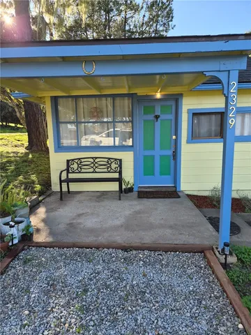 a view of a bench in the patio