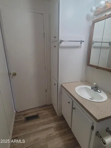 a bathroom with a sink and a mirror