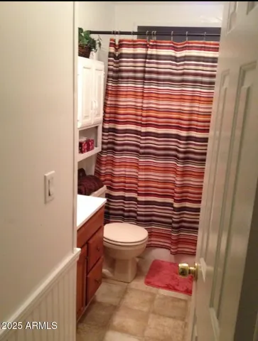 a bathroom with a toilet and a shower curtain