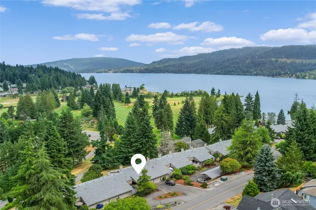 a view of a lake with a mountain in the background