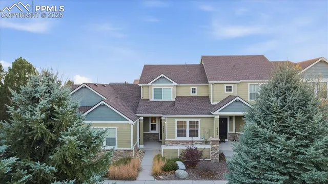 a aerial view of a house with a yard and potted plants