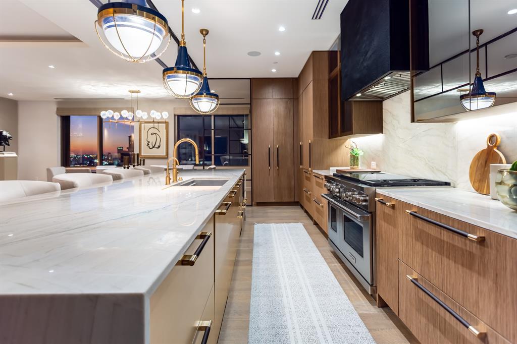 2300 Wolf Street, Unit 7D Dallas, TX 75201 - Photo 9 of 40 a kitchen with stainless steel appliances granite countertop a sink a stove and a wooden floors