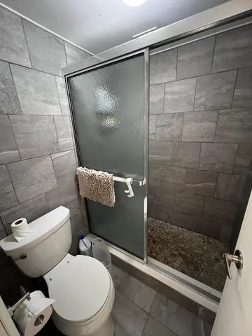 a white toilet sitting next to a shower