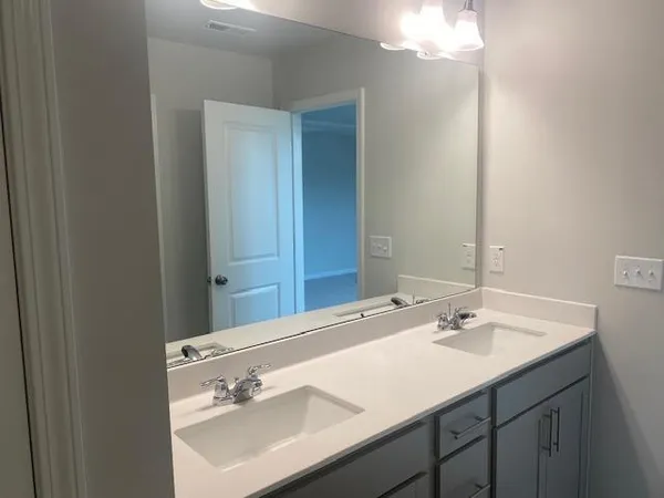 a bathroom with a sink vanity and a mirror