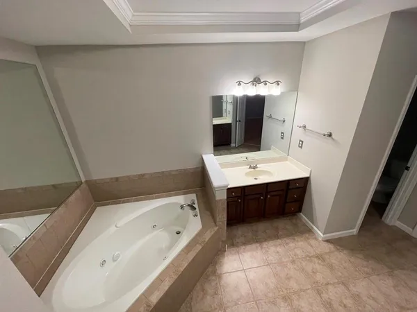a bathroom with a tub sink and mirror