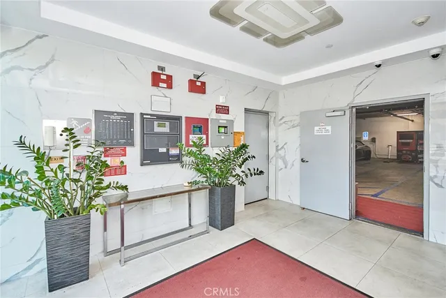 a hallway with a potted plant in front of it