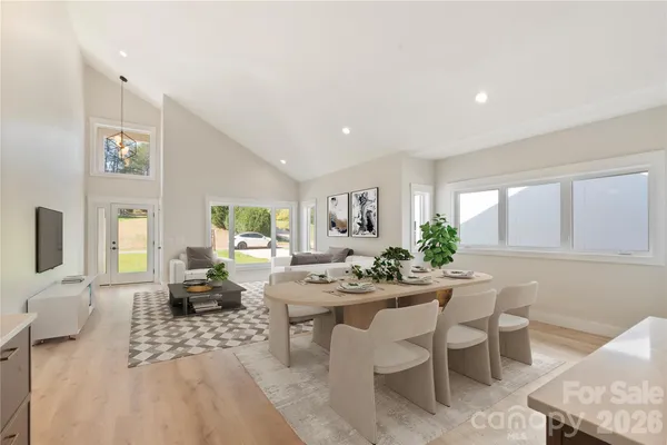 a view of a dining room with furniture