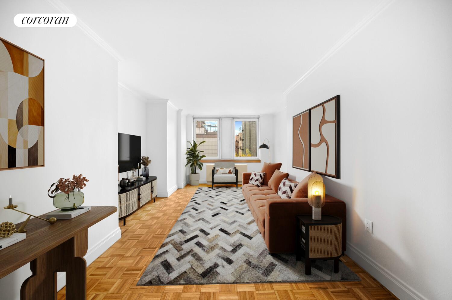 404 East 76th Street, Unit 3D Manhattan, NY 10021 - Photo 5 of 14 a living room with furniture rug and a flat screen tv