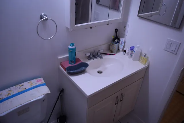 a bathroom with a sink vanity and a mirror