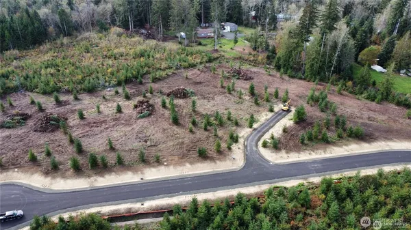 an aerial view of a house with a yard and covered with trees