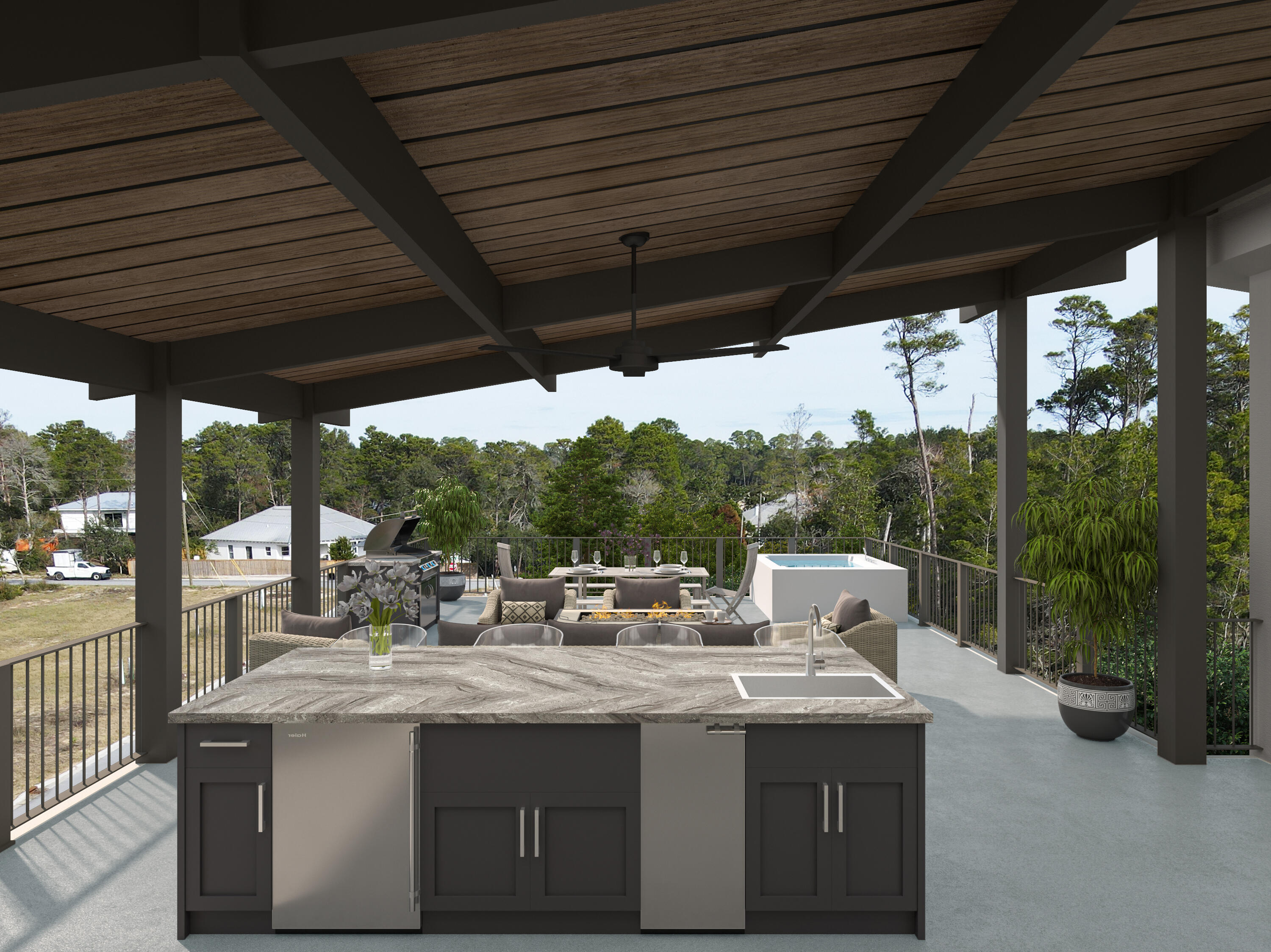 14 Jaken Ln Inlet Beach Inlet Beach, FL 32461 - Photo 5 of 22 a view of a patio with a table chairs and a floor to ceiling window