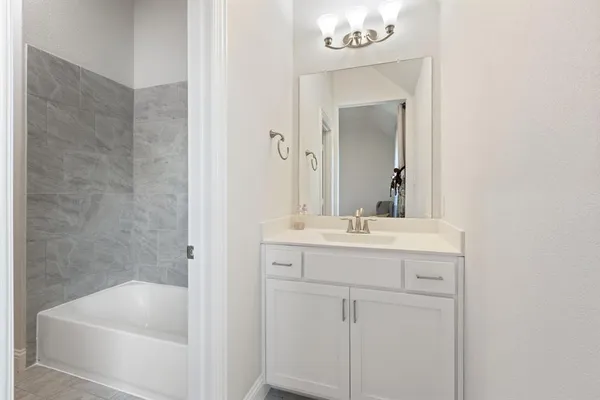 a bathroom with a sink a mirror and a bathtub
