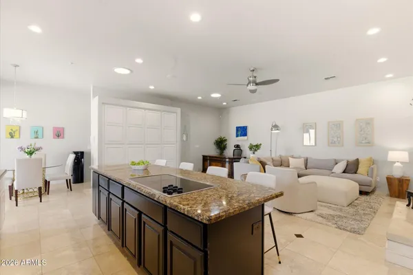 a living room with furniture and a table