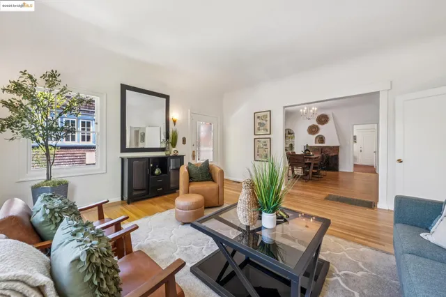 a living room with furniture kitchen view and a potted plant