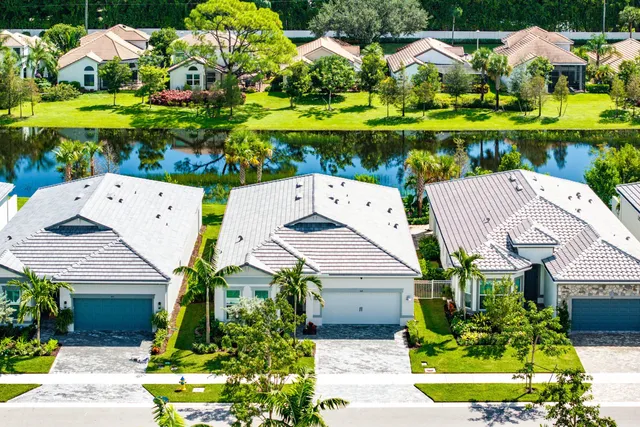 an aerial view of a house with a garden