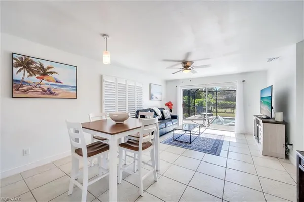 a view of a dining room with furniture window and outside view