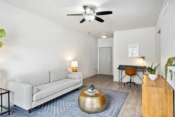 a living room with furniture and a potted plant