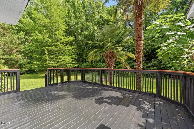 a view of a deck with a large trees