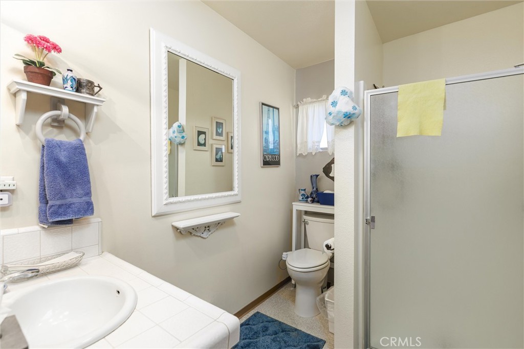 2023 Circle Cayucos, CA 93430 - Photo 16 of 44 a bathroom with a sink a toilet and shower curtain