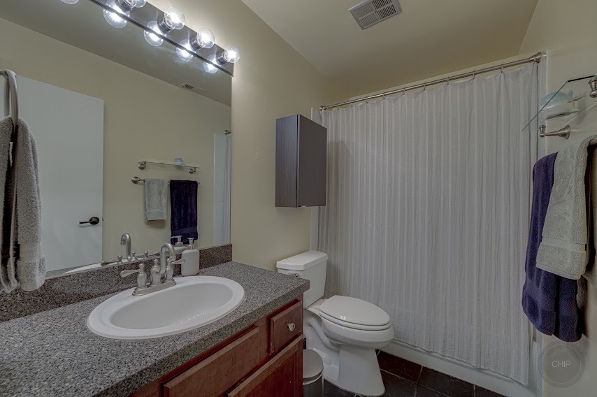 5904 Forest View Road, Unit 2F Lisle, IL 60532 - Photo 18 of 28 a bathroom with a granite countertop sink a toilet a mirror and shower curtain