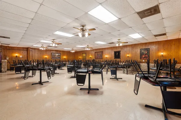 a group of people with tables