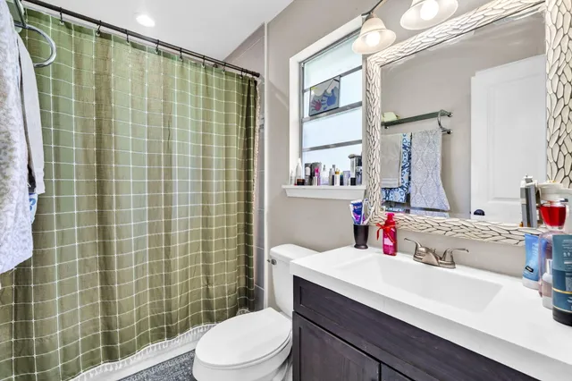 a view of a park with large trees