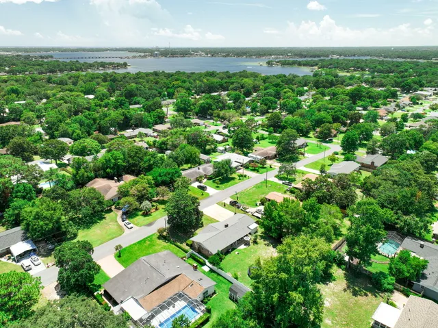 a view of a lake with a patio
