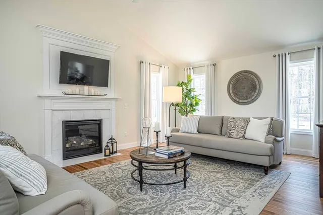 a living room with a couch a rug and a fireplace
