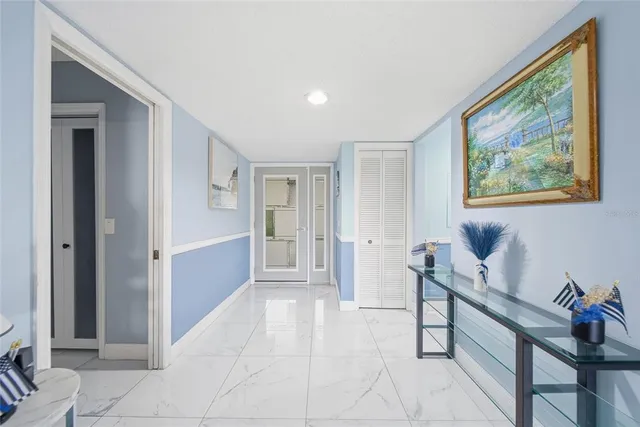 a view of a hallway with workspace