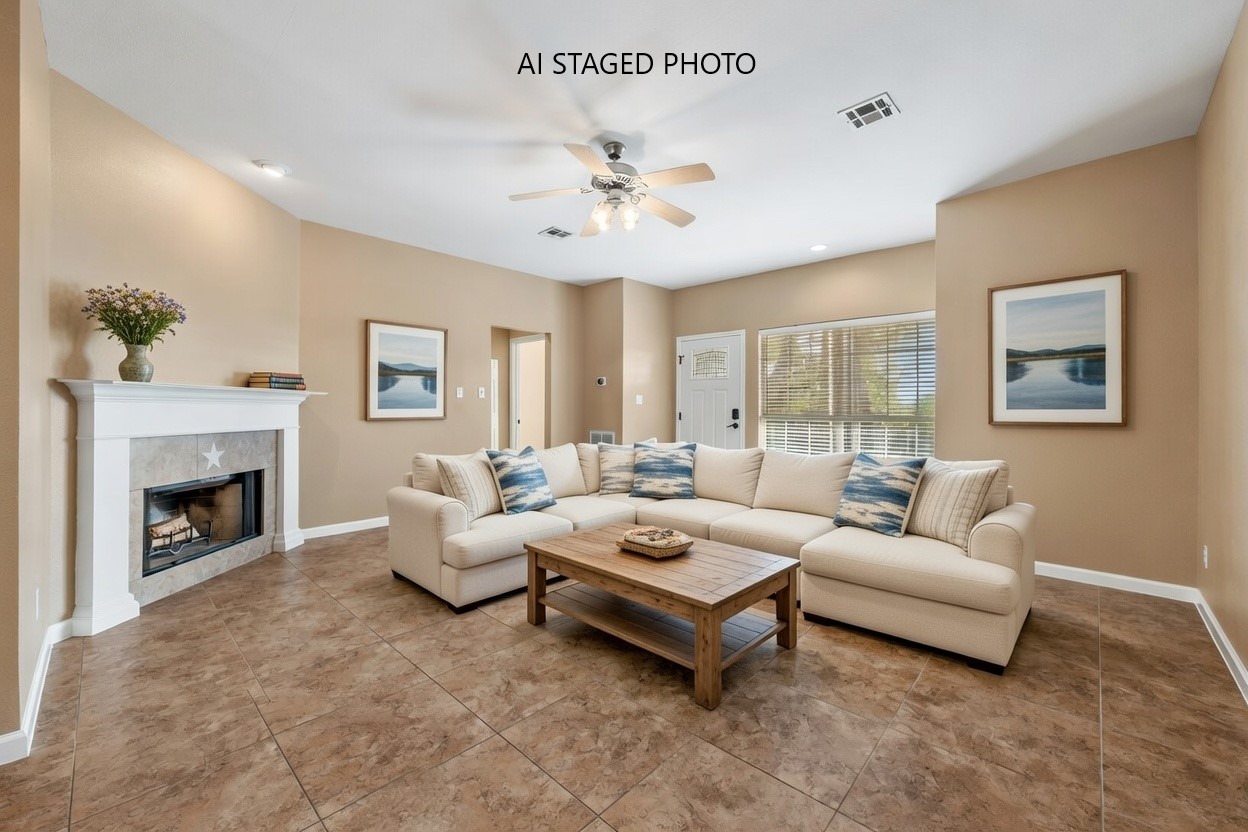 3139 Chisholm Trail Austin, TX 78734 - Photo 13 of 37 Living room featuring ceiling fan, a tile fireplace, and recessed lighting