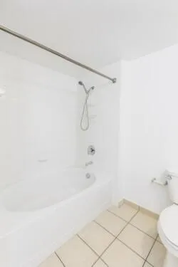 a bathroom with a shower and a toilet