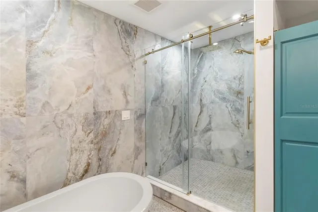 a bathroom with a shower and toilet