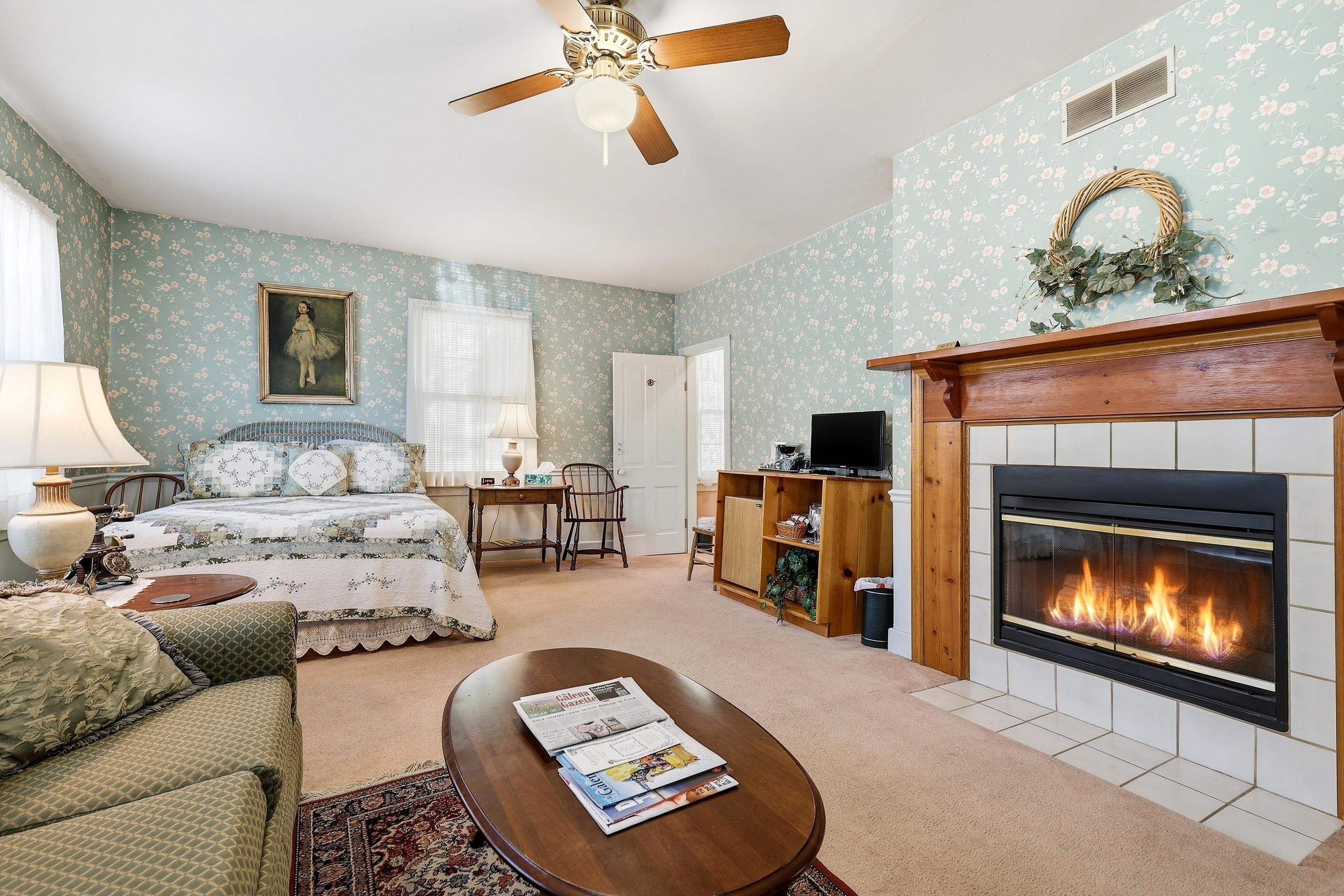 341 Spring Street Galena, IL 61036 - Photo 5 of 35 a bedroom with furniture and a fireplace