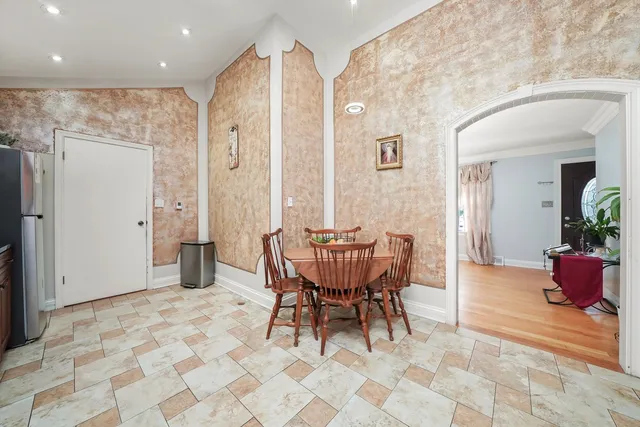 a view of a dining room with furniture