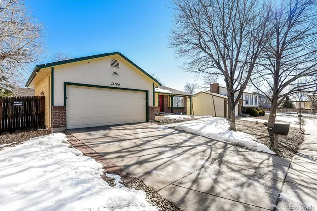 a backyard of a house with garage and trees