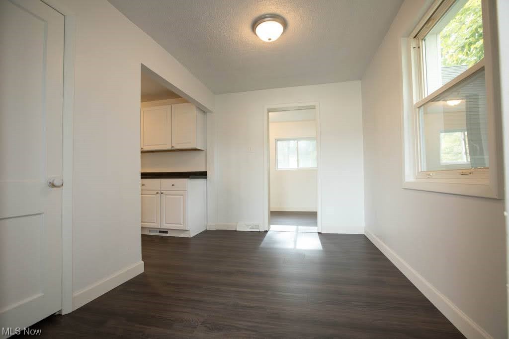 2310 Rockefeller Road Wickliffe, OH 44092 - Photo 4 of 35 Unfurnished living room featuring a textured ceiling, a healthy amount of sunlight, and dark hardwood floors