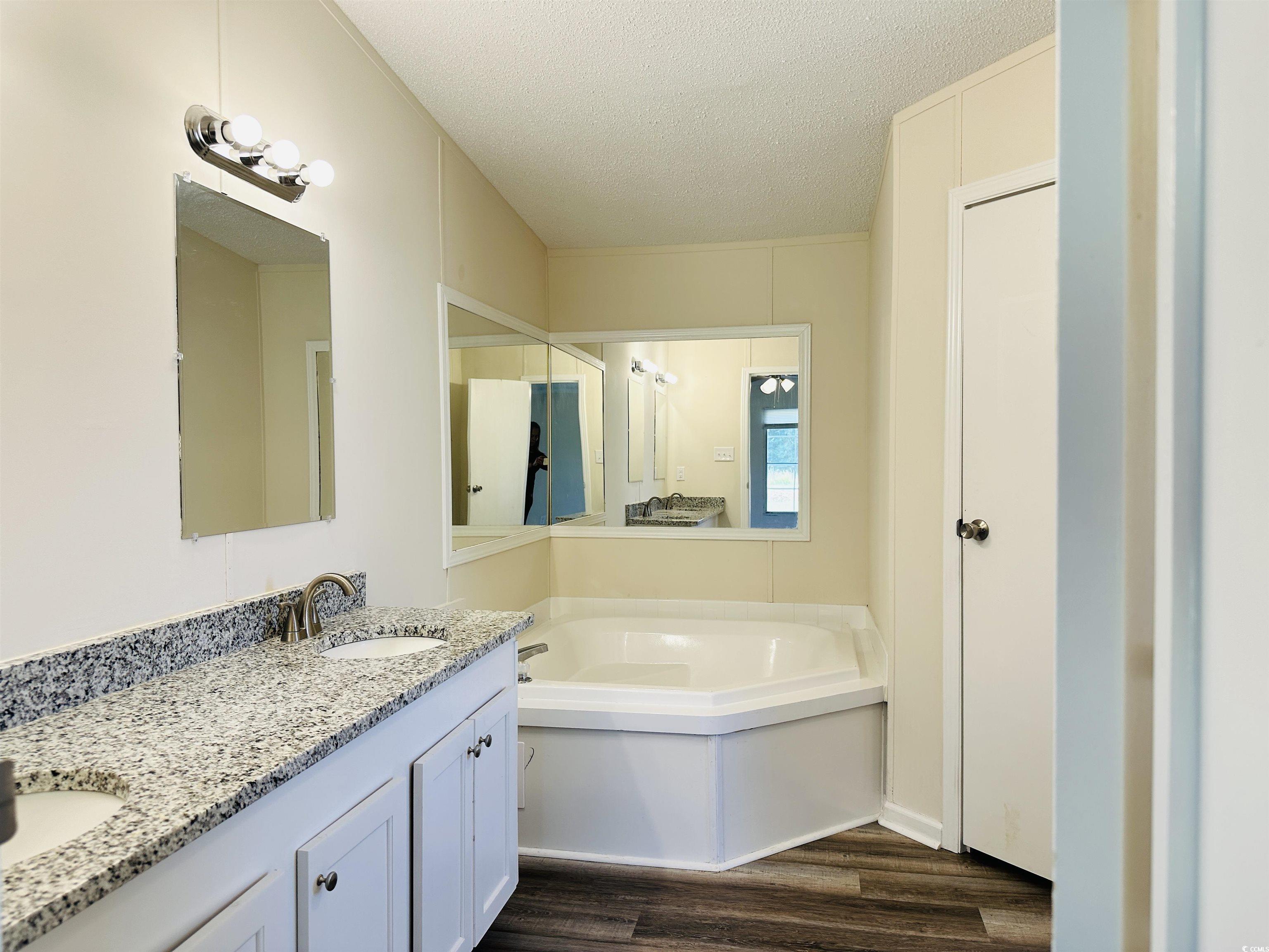 2067 Willow Creek Road Effingham, SC 29541 - Photo 39 of 40 Full bath with a textured ceiling, a garden tub, double vanity, and dark wood-style floors