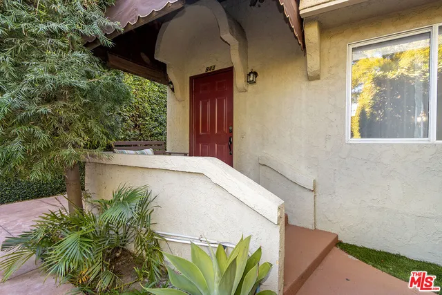 a backyard with potted plants