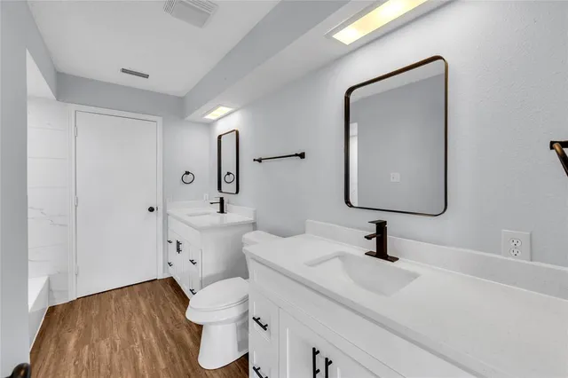 a bathroom with a sink a toilet and mirror