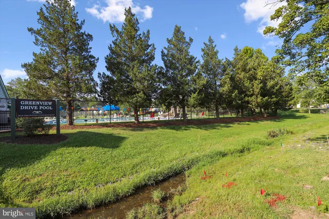 a view of yard with swimming pool and green space