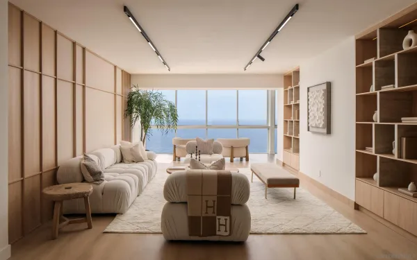 a bedroom with furniture and a large window