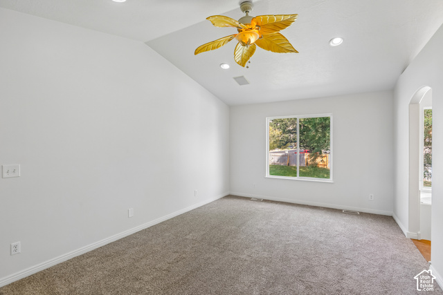 190 North 100 West Alpine, UT 84004 - Photo 11 of 31 Vaulted ceiling with recessed lighting and a unique ceiling fan