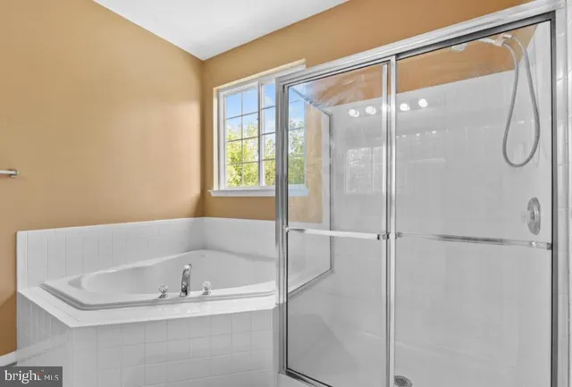 a bathroom with a bathtub and a shower