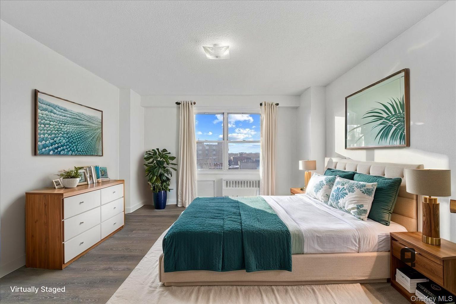 2550 Olinville Avenue, Unit 8H Bronx, NY 10467 - Photo 3 of 24 Virtually Staged Bedroom with wood finished floors, a textured ceiling, and radiator