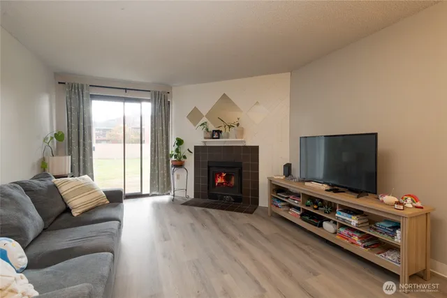 a living room with furniture a flat screen tv and a fireplace