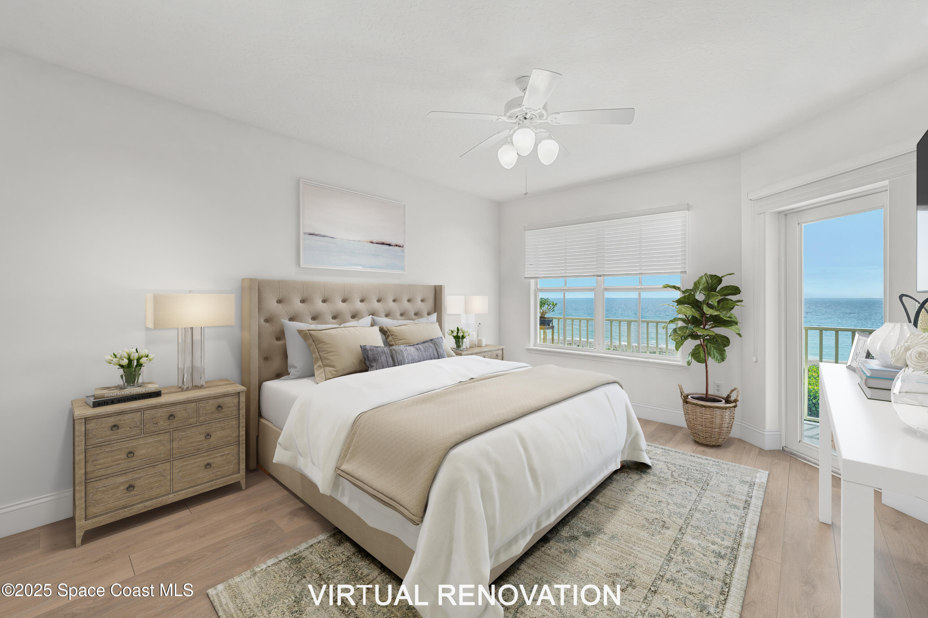 505 South Miramar Avenue, Unit 2403 Indialantic, FL 32903 - Photo 12 of 43 a bedroom with a bed and ceiling fan