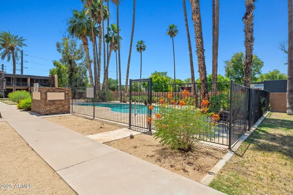 a view of a backyard patio and swimming pool
