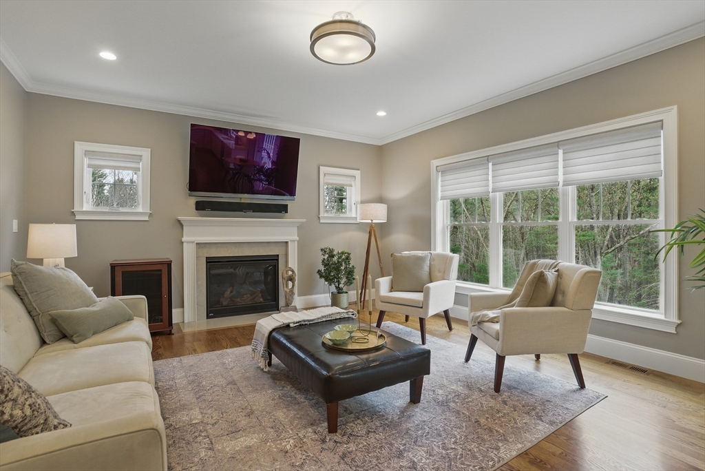 3 Willow Lane Bedford, MA 01730 - Photo 12 of 36 a living room with furniture a flat screen tv and a fireplace