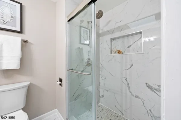 a bathroom with a shower and toilet